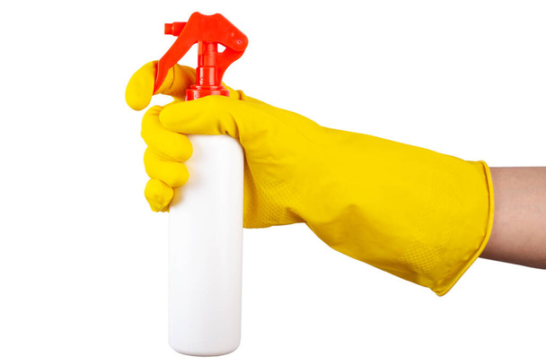 Woman holding bottle of cleaning product on isolated white background. Cleaning concept. File contains clipping path. - Foto, imagen