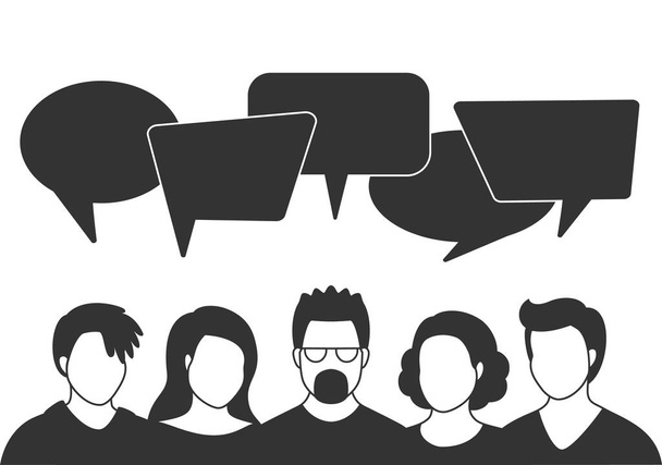 People avatars with speech bubbles. Men and woman communication, talking llustration. Coworkers, team, thinking, question, idea, brainstorm concept. - Vettoriali, immagini