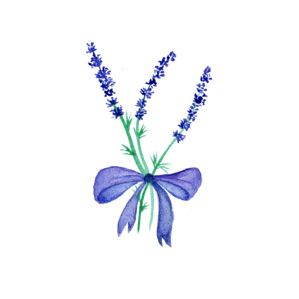 akvarel levandulová kytice s modrým lukem izolované na bílém pozadí, romantické pozvání s levandulí jako prvek pro svatební design a přání matek. - Fotografie, Obrázek