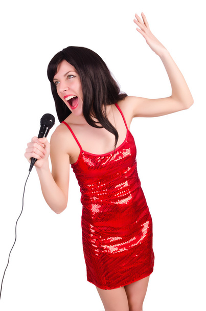 Mulher de vestido vermelho cantando canções
 - Foto, Imagem