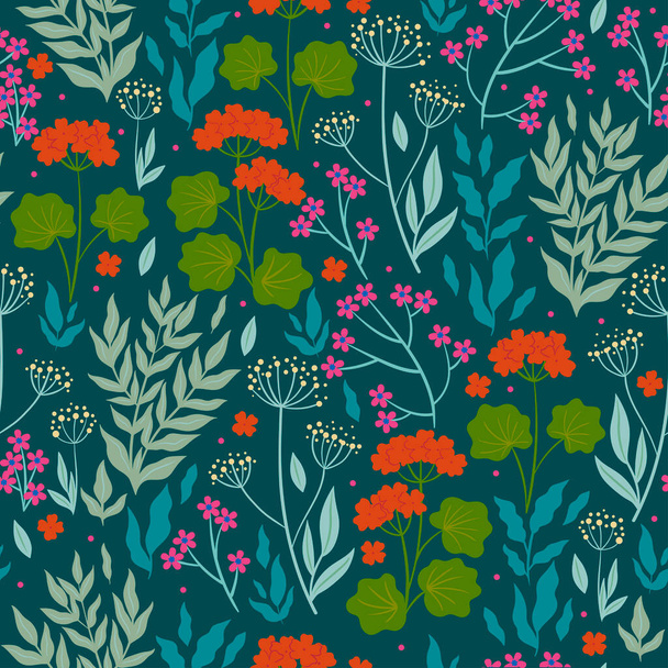 Seamless pattern with flowers and leaves. Vector image. - Wektor, obraz