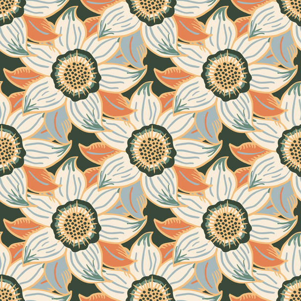 Six petal wildflower vector seamless pattern. Pastel cream green botanical background with drawn meadow flowers in arts crafts style. Overlapping plant motifs. Vintage repeat for wellness, packaging - Vector, Image