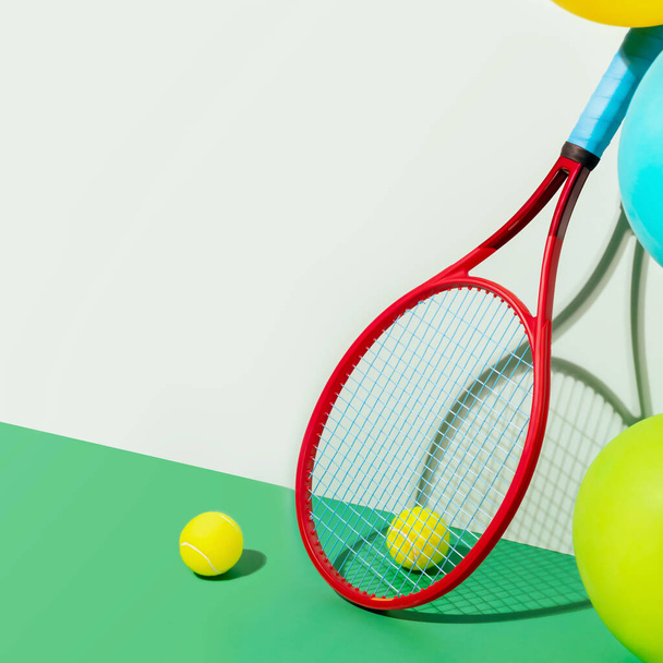 Red racket, yellow tennis balls and colorful balloons on a blue-green background - Фото, изображение
