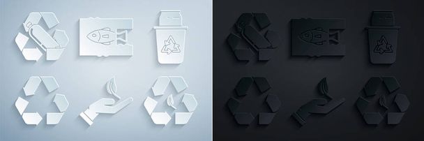 Zestaw Sprout w ręku ochrony środowiska, Kosz na śmieci z symbolem recyklingu może, liść, Stop zanieczyszczenie plastyczne oceanu i ikona butelki recyklingu. Wektor - Wektor, obraz