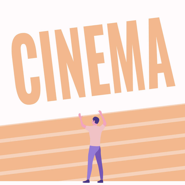 Texto que presenta Cinema. Conceptual photo theater where movies are shown for public entertainment Cine Athletic Man Standing On Track Field Raising Both Hand Showing Celebration. - Foto, Imagen