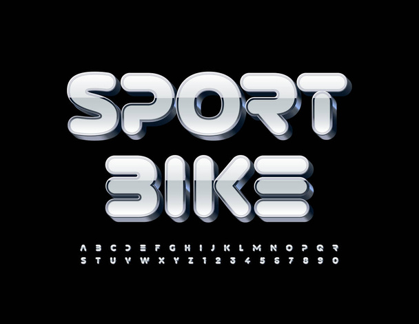 Vector digital logo Sport Bike with 3D White and Silver Font. Techno style Alphabet Letters and Numbers set - Vektör, Görsel