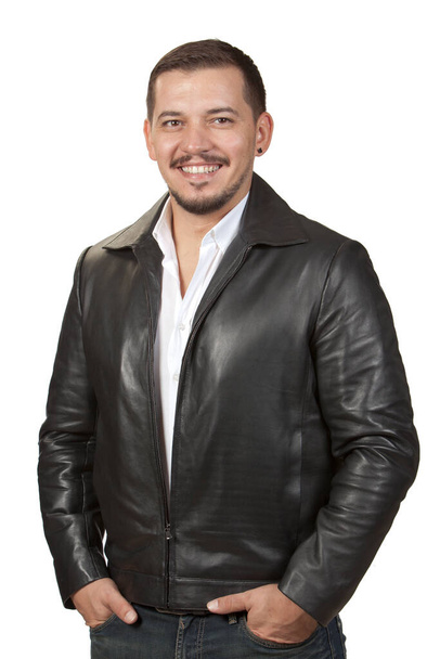 Handsome man posing in leather jacket on white background. Image of leather jacket for online sale and e-commerce. - Foto, Imagen