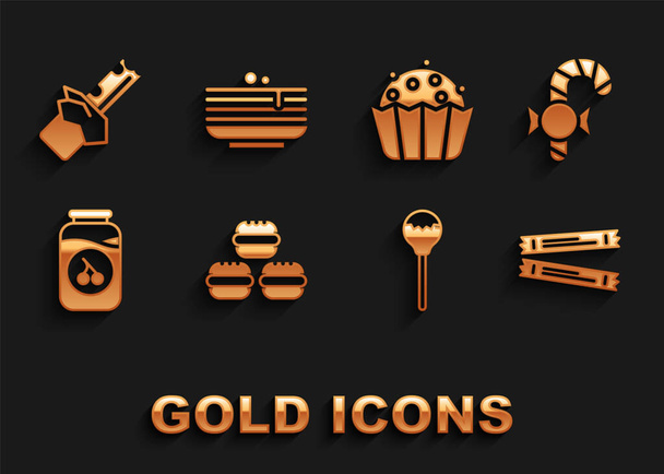 Set Macaron cookie, Christmas candy cane, Sugar stick packets, Lollipop, Cherry jam jar, Cupcake, Bitten chocolate bar and Stack of pancakes icon. Vector - Vector, Image