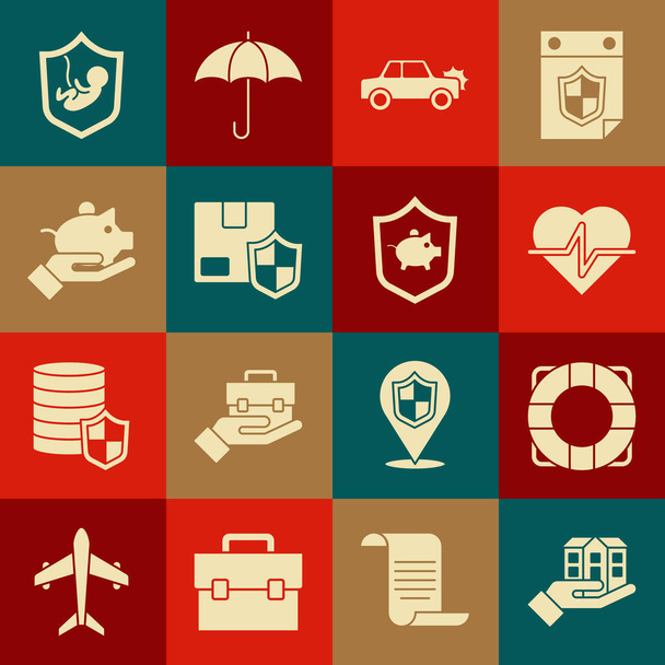 Set House in hand, Lifebuoy, insurance, Car, Delivery security with shield, Piggy bank, and icon. Vector - Vector, Image