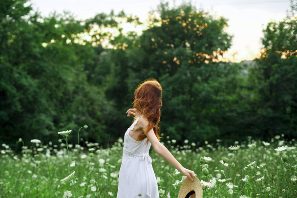 pretty woman in a field in nature white dress fresh air - Foto, afbeelding