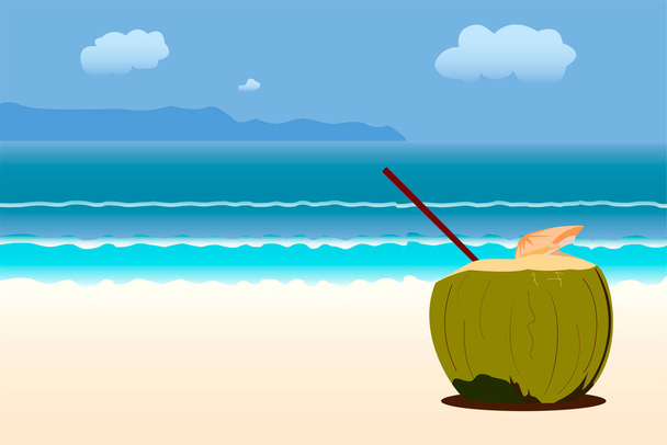 Illustrazione vettoriale un cocktail tropicale di cocco verde con paglia da bere sulla spiaggia di sabbia rosa sullo sfondo azzurro del mare. Volantino estivo per feste in spiaggia. Copia lo spazio per il testo o la pubblicità - Vettoriali, immagini