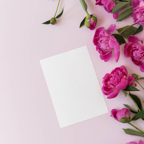 Чистый лист бумажной карточки с макетом копировального пространства и элегантные цветы пионов на розовом фоне. Состав эстетических цветов - Фото, изображение
