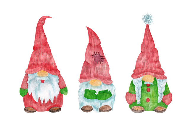 conjunto de gnomos de acuarela. Ilustración de los ayudantes de Santa Claus en gorras rojas sobre un fondo blanco - Foto, Imagen
