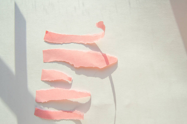 Strisce di carta strappate rosa astratte su uno sfondo bianco con un'ombra dalla luce del sole - Foto, immagini
