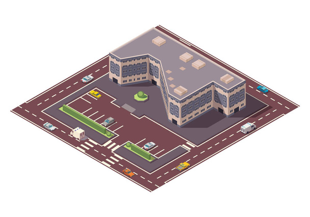 Vector isometric high rise building and street elements with place for parking. City or town map construction element. Icon representing multi story building. Houses, homes or offices - Vector, Image