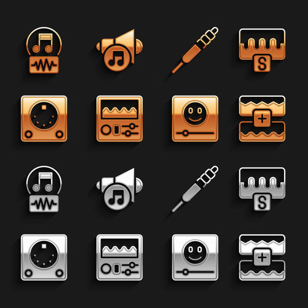 Set Drum machine, Music wave equalizer, player, Audio jack, note, tone and Speaker volume icon. Vector - Διάνυσμα, εικόνα