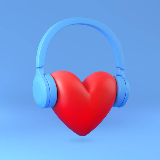 Κόκκινη καρδιά και ακουστικά. Εικονογράφηση της αγάπης για τη μουσική. Μπλε φόντο. 3d απόδοση - Φωτογραφία, εικόνα