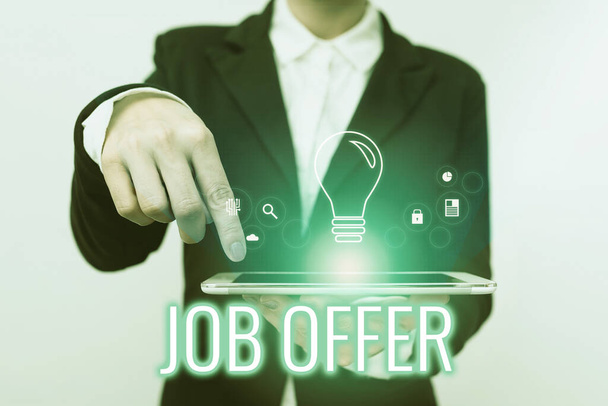 Inspiration showing sign Job Offer. Business concept A person or company that gives opurtunity for one s is employment Lady In Suit Pointing On Tablet Showing Futuristic Graphic Interface. - Photo, Image
