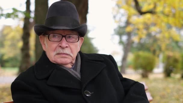 Een dure senior man met een grijze snor in een zwarte jas zit op een bankje in het park - Video