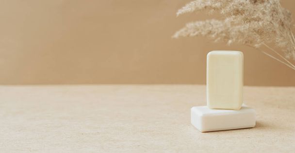 Bars of soap made from natural raw materials beige background. Organic cosmetics Spa health concept natural cosmetics - Zdjęcie, obraz