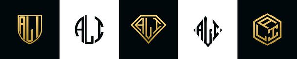 Initiële letters ALI logo ontwerpt Bundel. Deze set bevat Shield, Rounded, twee Diamond en Hexgon stijl - Vector, afbeelding
