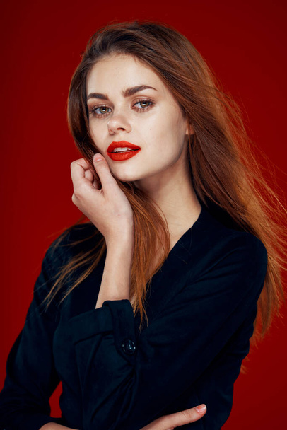 pretty woman with red lips red hair Glamor posing red background - Zdjęcie, obraz