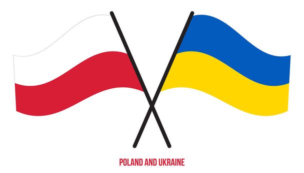 Puola ja Ukraina liput ylitti ja heiluttaa tasainen tyyli. Virallinen osuus. Oikeat värit. - Vektori, kuva