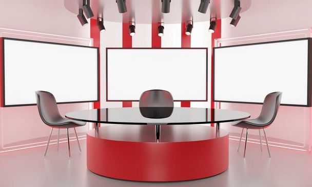 red table on stand with neon light background in a news studio room.3d rendering. - Photo, Image
