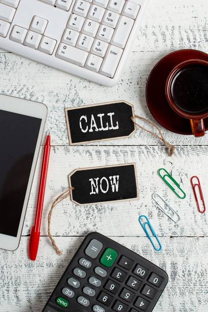Handwriting text Call Now. Business idea To immediately contact a person using telecom devices with accuracy Display of Different Color Sticker Notes Arranged On flatlay Lay Background - Photo, Image