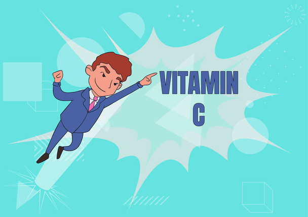 Handschriftlicher Text Vitamin C. Internet-Konzept es fördert die Heilung und hilft dem Körper, Eisen Ascorbinsäure zu absorbieren Mann Zeichnung In Uniform nach oben Zeigen Führung. - Foto, Bild