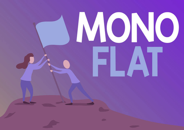 Konzeptionelle Bildunterschrift: Mono Flat. Konzept bedeutet Strichlinie Symbole für Unternehmensdienstleistungen und Lösung für Kunden Mann und Frau Zeichnung Standing Setting Up Flag On Peak Of Mountain. - Foto, Bild