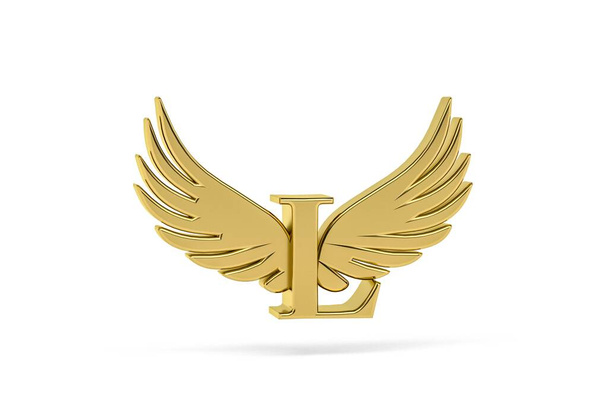 Carta dourada L - letra tridimensional L com asas de anjo no fundo branco - renderização 3d - Foto, Imagem