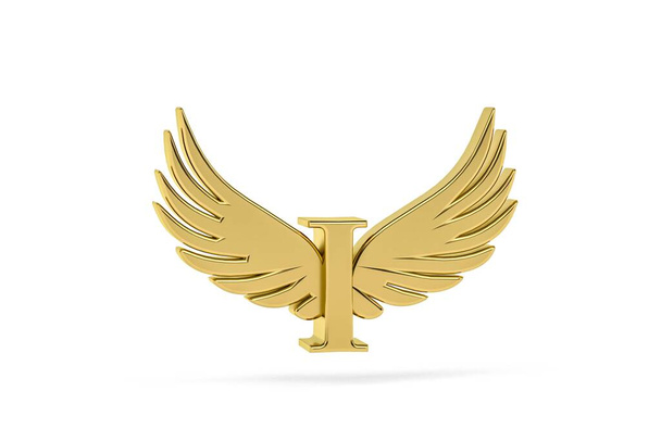 Carta dourada I - letra tridimensional I com asas de anjo no fundo branco - renderização 3d - Foto, Imagem