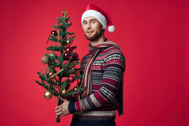 bell'uomo con un albero tra le mani ornamenti vacanza divertimento rosso sfondo - Foto, immagini