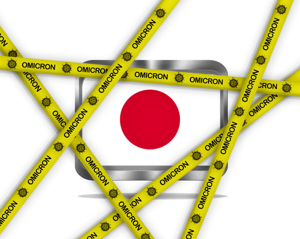 Kuva metalli Japanin lippu valkoisella pohjalla ja keltainen nauhat Omicron virus. - Valokuva, kuva