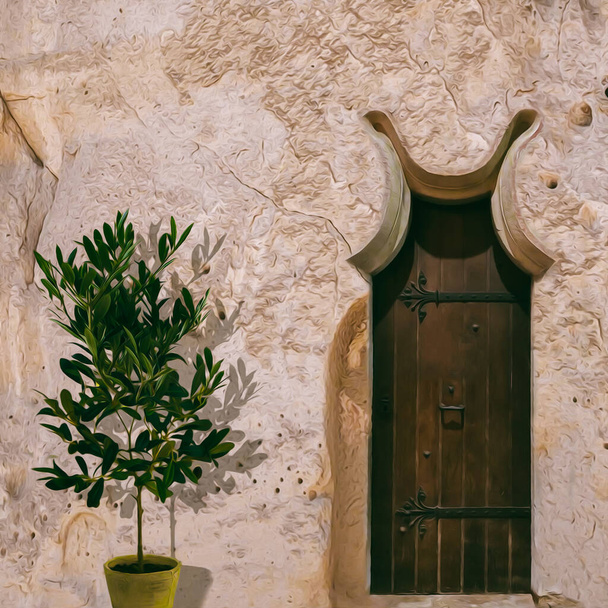 Taş bir evde antik ahşap kapılar. Üç boyutlu illüstrasyon. Yağlı boya resmin taklidi. - Fotoğraf, Görsel