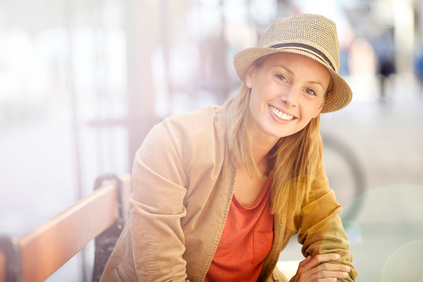 Smiling woman with hat - Фото, изображение