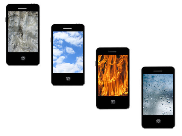 Mobiltelefone mit verschiedenen Elementen auf dem weißen - Foto, Bild
