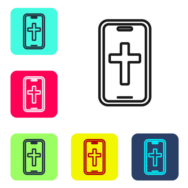 Schwarze Linie christliches Kreuz auf Handy-Symbol isoliert auf weißem Hintergrund. Kirchenkreuz. Setzen Sie Symbole in farbigen quadratischen Tasten. Vektor - Vektor, Bild
