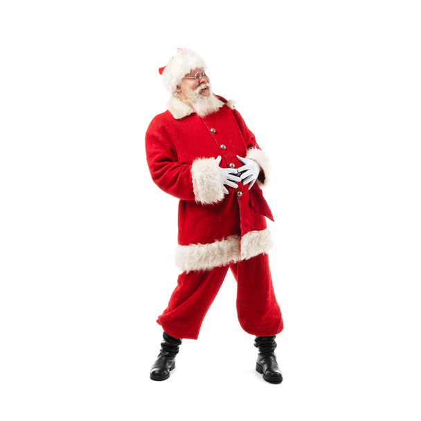 Santa Claus Portrait laughing with hands on belly ho ho ho Chrtistmas time, full length portrait isolated on white background - Photo, image