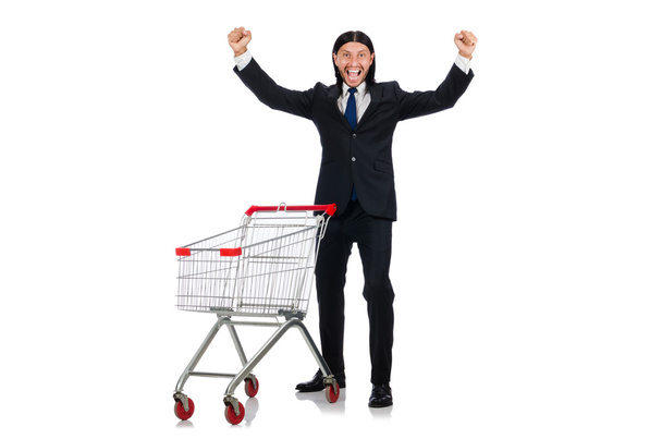 Uomo shopping con carrello supermercato isolato su bianco - Foto, immagini