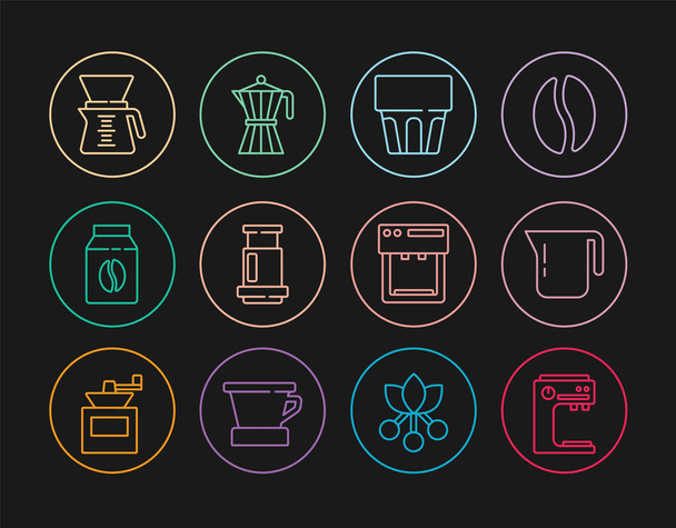 Set line Coffee machine, pot, Glass with water, Aeropress coffee, Bag beans, Pour over maker, and moca icon. Vector - Vector, Image