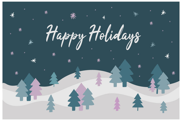 Милые детские зимние открытки с текстом Счастливых праздников, зимний пейзаж снежного леса с простыми рождественскими елками каракулями и снежинками. Минималистский сезонный шаблон, баннер - Вектор,изображение
