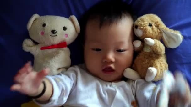 Baby with bear and rabbit plush toy play at bed - Footage, Video