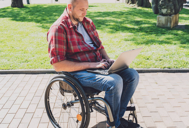 Freelancer with a physical disability in a wheelchair working at the park - Zdjęcie, obraz