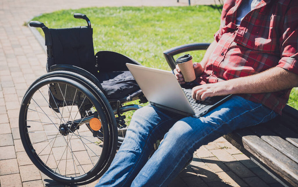 Freelancer with a physical disability in a wheelchair working at the park - Photo, Image