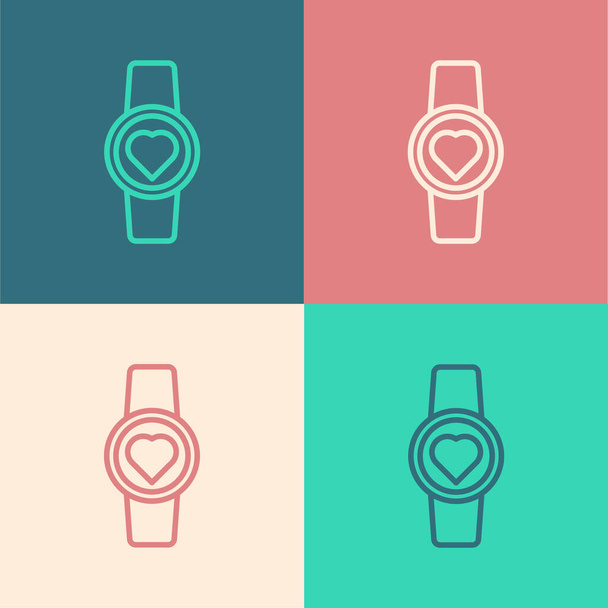 Pop art line Inteligentny zegarek pokazuje rytm serca ikonę izolowane na tle koloru. Koncepcja aplikacji fitness. Ilustracja wektora - Wektor, obraz