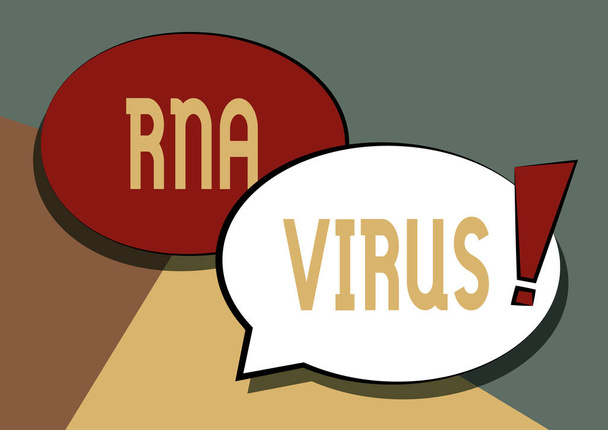 El yazısı işareti Rna Virüsü. Bir virüs genetik bilgisi için kelime RNA biçiminde saklanır İki Renkli Üstüste binen Konuşma Köpüğü Ünlem İşaretli Çizim. - Fotoğraf, Görsel