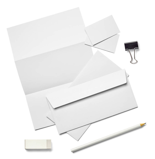 koperta list spinacz biurowy ołówek szablon wizytówkę - Zdjęcie, obraz