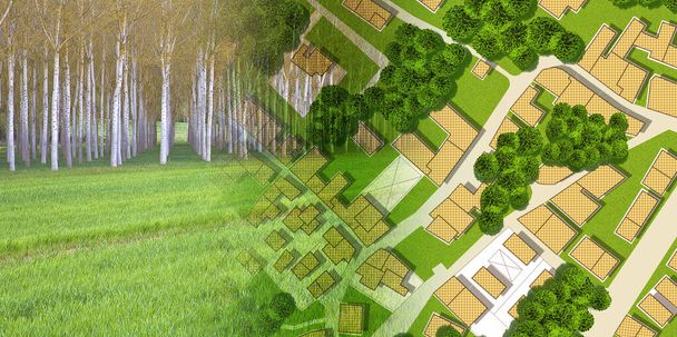 Εικονικός τοπογραφικός κτηματολογικός χάρτης και αγροτεμάχια με δέντρα στο φόντο και οικοδομήσιμη κενή γη προς πώληση - concept image. - Φωτογραφία, εικόνα